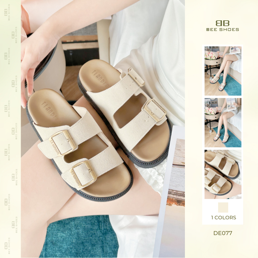 Dép nữ BEESHOES quai ngang mũi tròn đế bệt cao 3 phân sẵn màu kem DE077