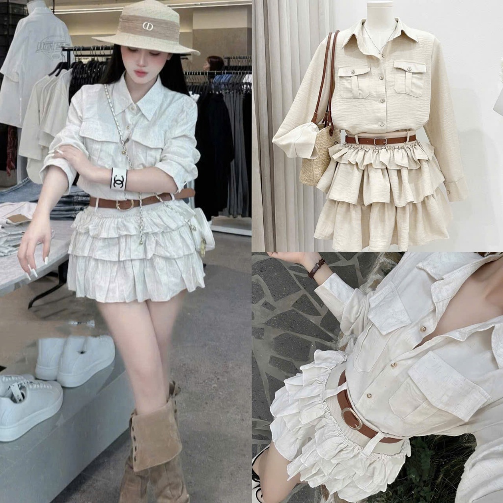 (Set 3 Món): Set Áo Sơ Mi Đũi Phối Nắp Túi Mix Chân Váy Xoè Tầng Cạp chun Kèm Đai Belt Xịn Xò - Ảnh 