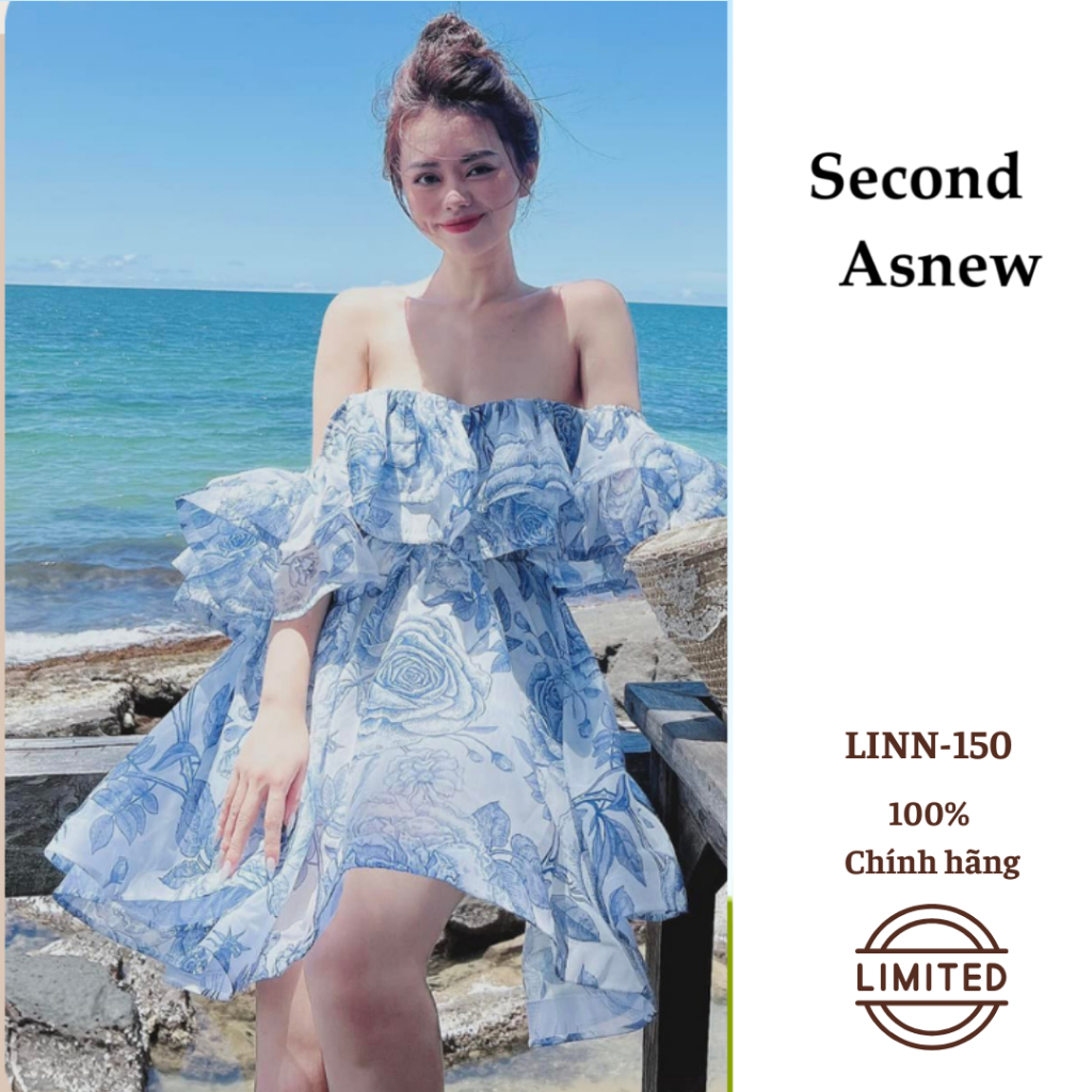 LINN-150 | Đầm Ngắn Dáng Xòe Trễ Vai Họa Tiết Hoa Màu Xanh Lá LINN DESIGN Thanh Lý Giá Tốt