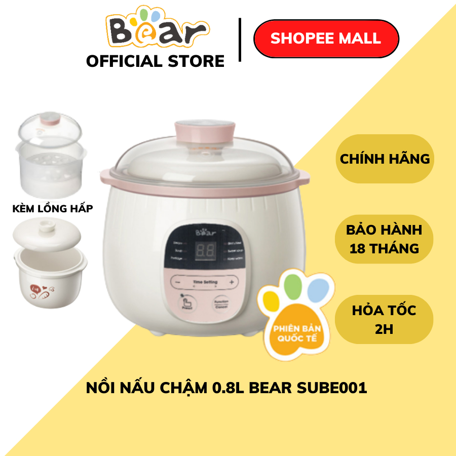 Nồi nấu chậm 0,8L Bear SUBE001, Đa năng nấu cháo, hầm, ninh lõi bằng gốm giữ nhiệt lâu, BH 18 Tháng