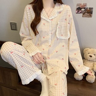  Set Đồ Nữ Pijama Cho Nữ Họa Tiết Caro Phối Bèo HotTrend PM09 Đồ Mặc Nhà Mùa Thu Đông  PIJAMA NỮ DỄ THƯƠNG  