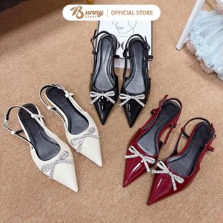 Giày sục nữ mũi nhọn da bóng phối nơ đính đá cao cấp đế bệt 1cm trẻ trung sang trọng - TN25