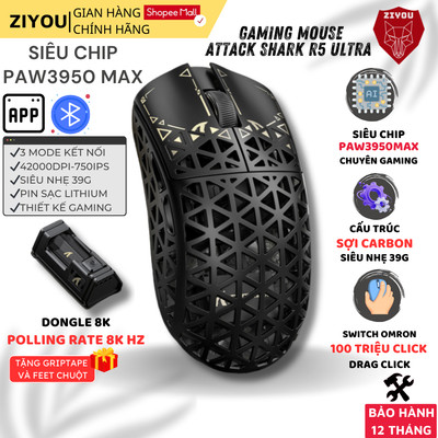 Chuột Gaming Không Dây Ziyou Attack Shark R5 ULTRA  Chip PAW3950MAX Sợi Carbon Siêu Nhẹ Dongle 8KHz