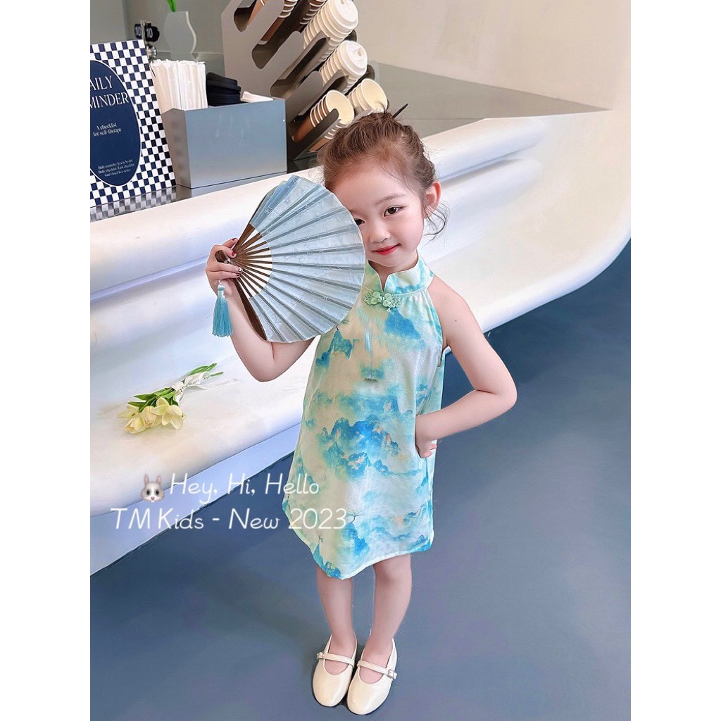 Sườn xám cho bé gái sườn xám cách tân cho bé áo dài cách tân bé gái váy sườn xám cổ yếm màu xanh loa