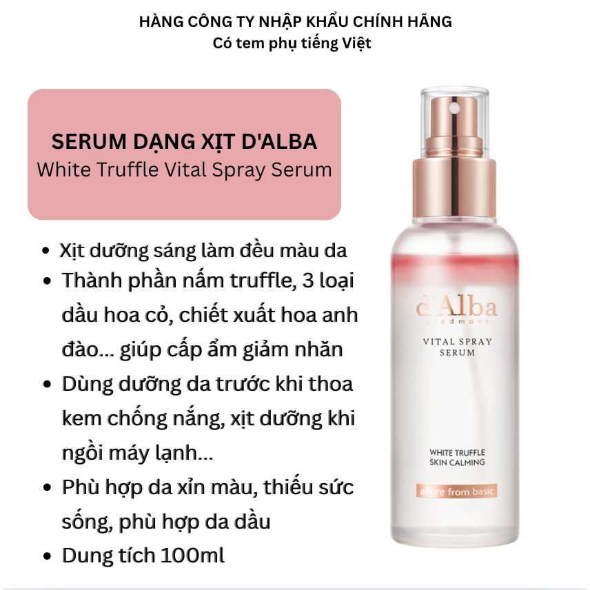 [Hàng công ty] Serum D'alba dạng xịt dưỡng căng bóng da 100ml | BigBuy360 - bigbuy360.vn