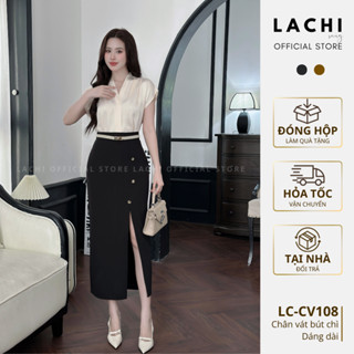 Chân váy bút chì công sở LACHI midi dáng dài xẻ tà cạp cao tôn dáng che khuyết điểm bigsize LC-CV108