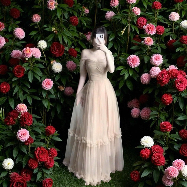 Váy Nữ Dress Công Chúa Thiết Kế Trễ Vai Dự Tiệc Phối Tơ Lưới Maxi Bồng Bềnh Nàng Thơ Sang Chảnh