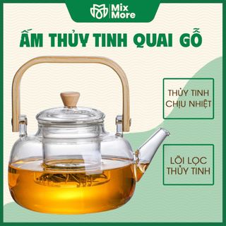  Ấm trà quai gỗ thủy tinh ấm pha trà bình pha trà chịu nhiệt lõi lọc thủy tinh thiết kế tối giản hiện đại Mixmore 
