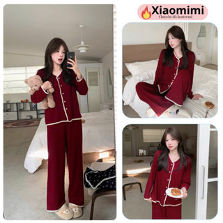  Đồ ngủ nữ thu đông đỏ đô cổ tròn viền ren bộ mặc nhà cotton mềm mịn thoáng mát HCOM3743 Xiaomimi 
