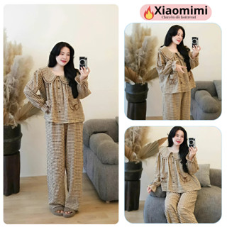 Đồ ngủ nữ bộ mặc nhà thu đông tay dài cổ sen thiết kế túi đính nơ dễ thương phối quần dài chất thô caro HCOM3423