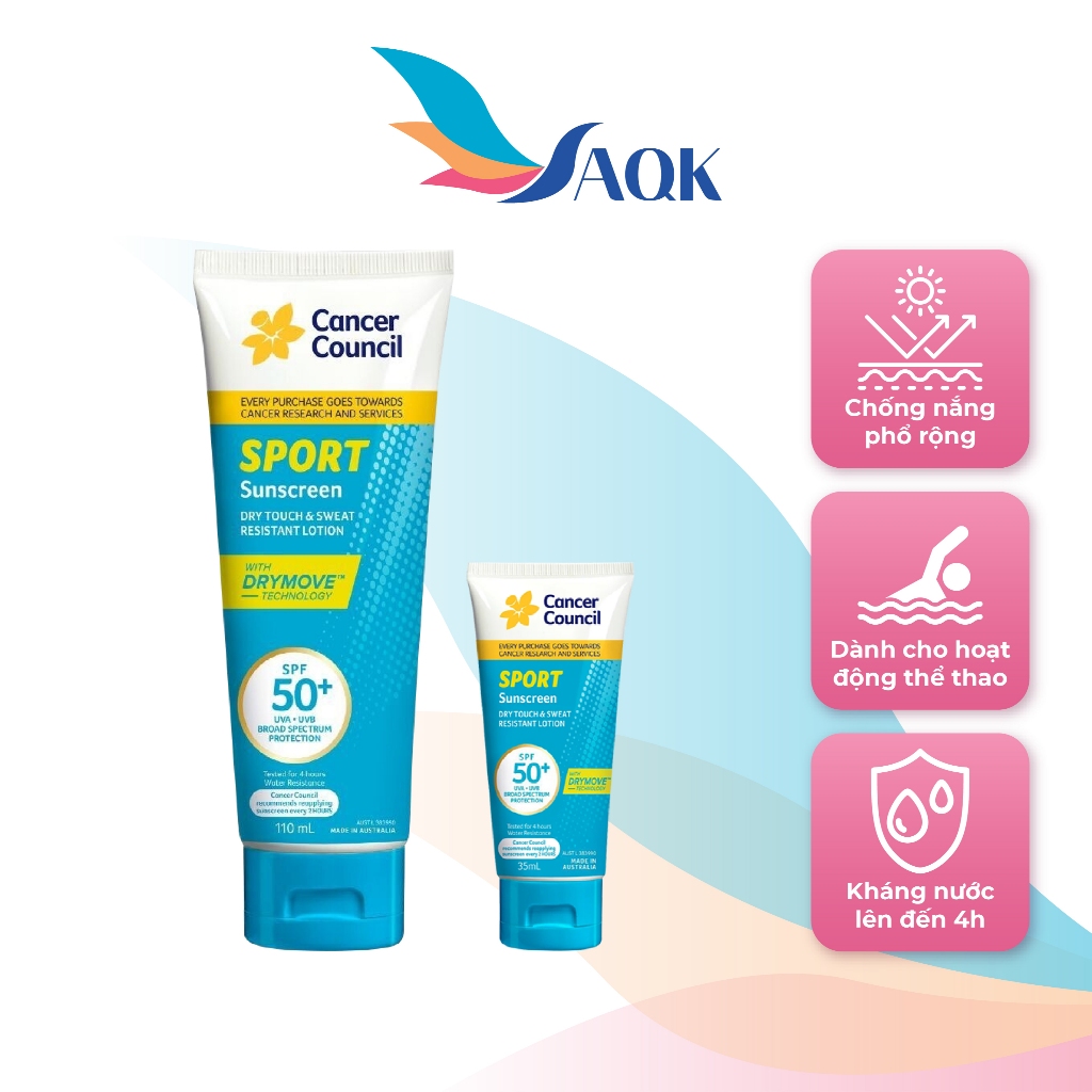 Kem chống nắng dành cho hoạt động thể thao Cancer Council Sport Sunscreen SPF50+ (35ml/110ml) - Bảo 