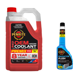 COMBO Nước Làm Mát Động Cơ PENRITE RED OEM COOLANT PREMIX 5 L + Phụ Gia Súc Rửa Két Nước Xe Radiator Flush 375ml