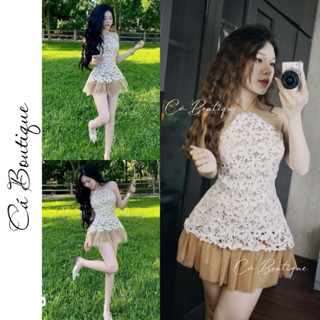 Đầm yếm ren hoa 3D  "LAYER"  nền lưới chân váy voan be tiểu thư sang chảnh by Cá Boutique