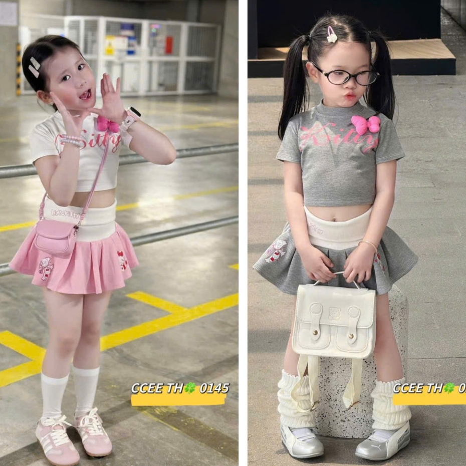 Đồ bộ bé gái, Váy cho bé gái, Set đồ bé gái áo thun croptop đính nơ kèm chân váy xếp li kitty 10-30k