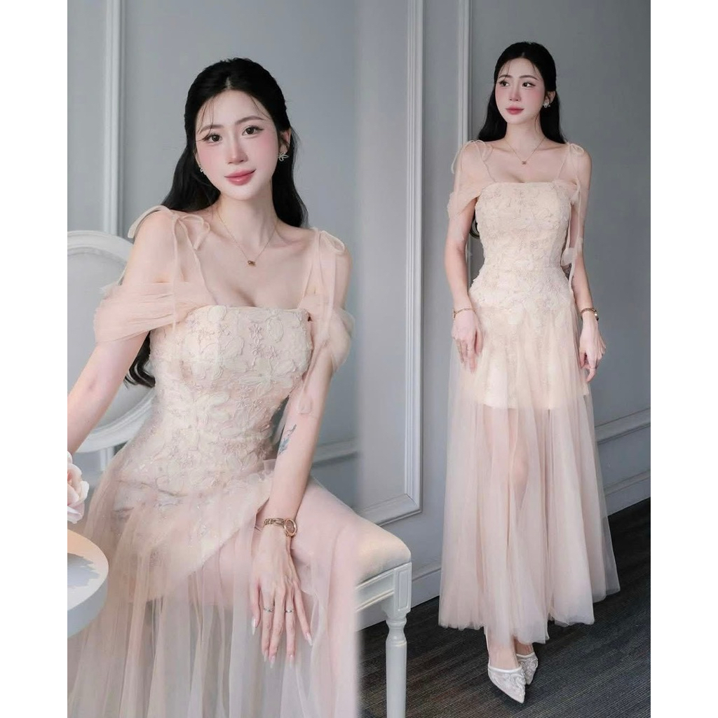 Đầm Dự Tiệc Ren Trễ Vai Phối Lưới Tiểu Thư Sang Chảnh -LOUISA DRESS