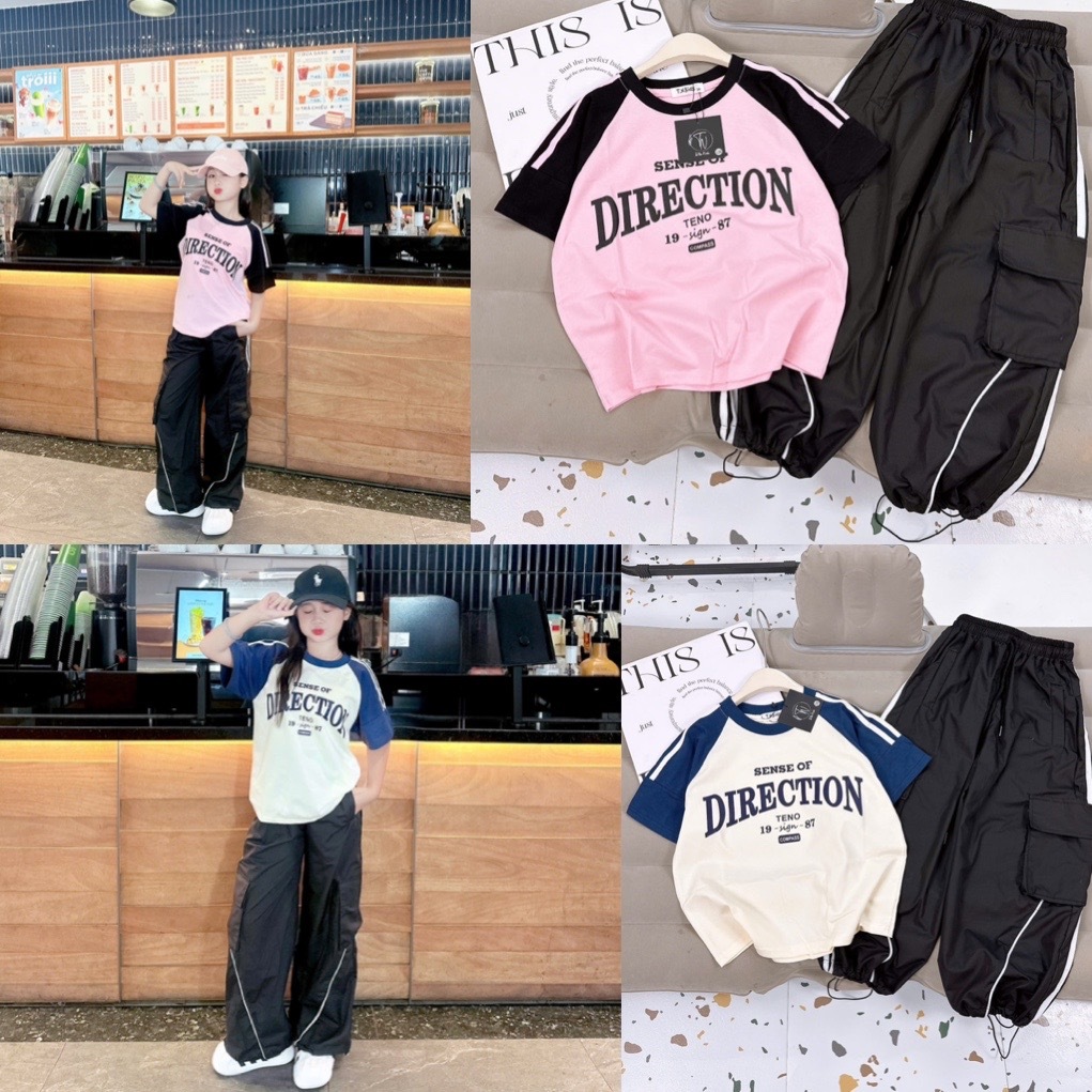 Điệu kids- Bộ bé gái áo thun tay phối DIRECTION quần gió đen túi hộp jogger 2 màu hồng&trắng kem TN 