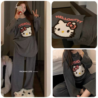  Set Bộ Nỉ Hello Kitty Thêu Xù Màu Xám. Bộ Đồ Nữ Dài Tay From Rộng Dễ Thương Phong Cách Hàn Quốc Ulzzang 