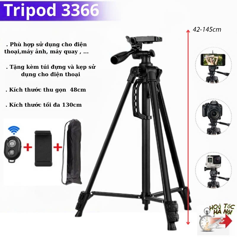 Tripod điện thoại, Chân quay máy ảnh 3366 - Hỗ trợ quay 360° - Phù hợp cho điện thoại, máy ảnh - Kích thước 42-145cm