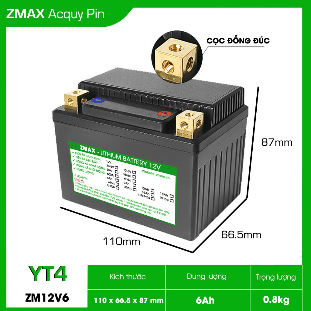 Bình Acquy ZMax Pin Lithium LifePO4 12V 6ah, ZM12V6-YT4 Dùng Cho Xe Máy