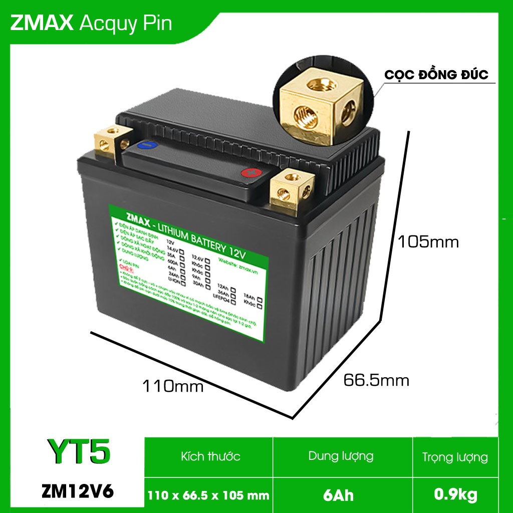 Bình Acquy ZMax Pin Lithium LifePO4 12V 6ah, ZM12V6-YT5 Dùng Cho Xe Máy