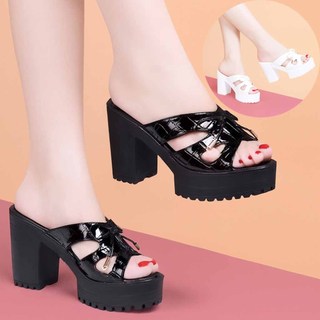  Giày Cao Gót Nữ Đế Vuông Quai Da Bóng Hở Mũi Nơ Xinh Sang Trọng Size 35-40 Chiều Cao 9cm Màu Đen Trắng - CG133 