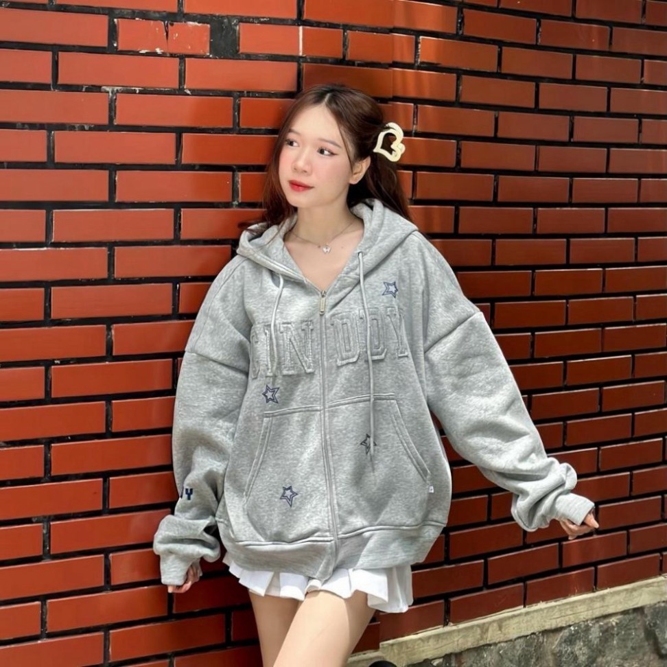 HODDIE BOXY-Áo Khoác Zip Boxy CINDDYBRAND In Hình Ngôi Sao Nam Nữ