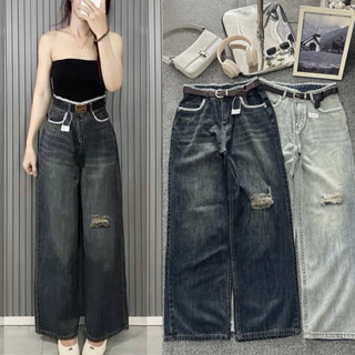 Quần Jean nữ ống suông rộng Bigsize 55-90kg lưng cao viền ren phối rách, kiểu quần bò nữ ống rộng bigsize Ms388