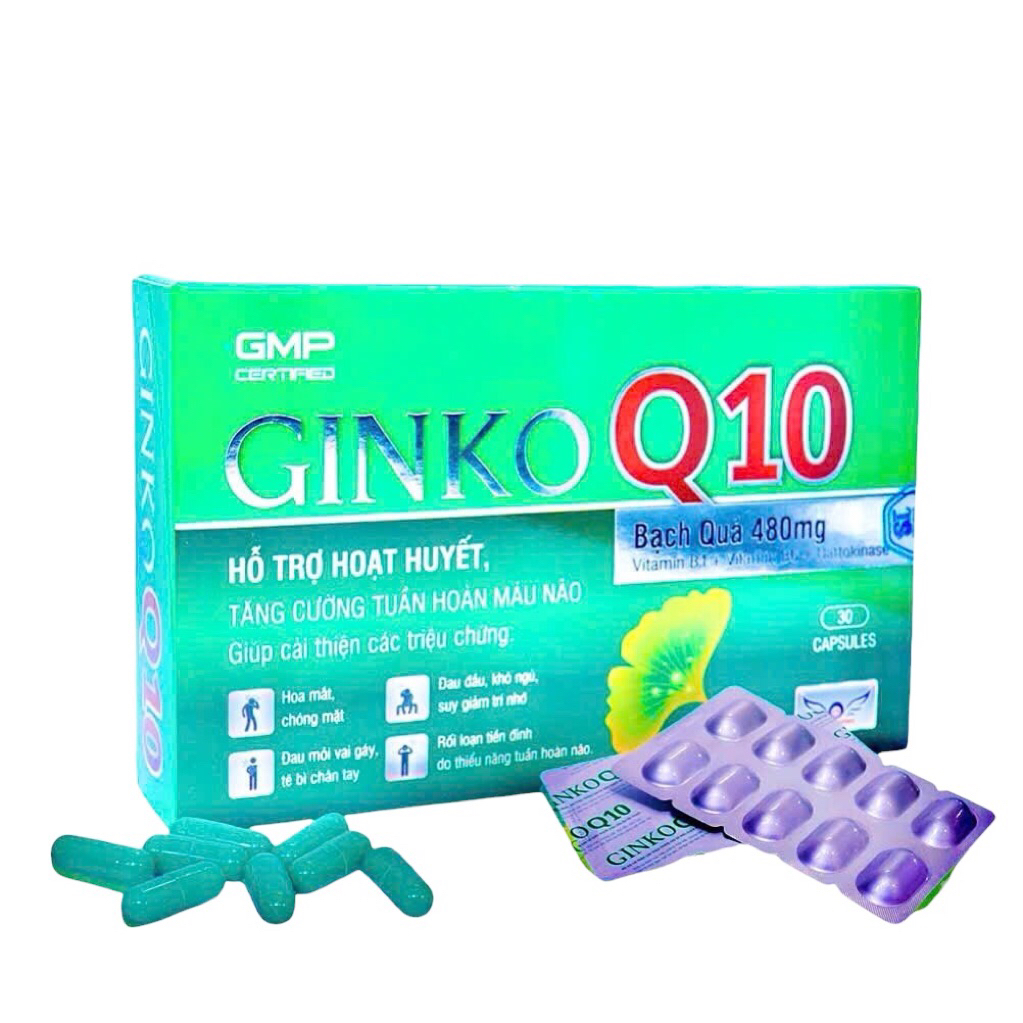 Viên uống bổ não GINKO Q10 (Hộp 30 viên) Hỗ trợ hoạt huyết, giúp tăng cường tuần hoàn máu não.