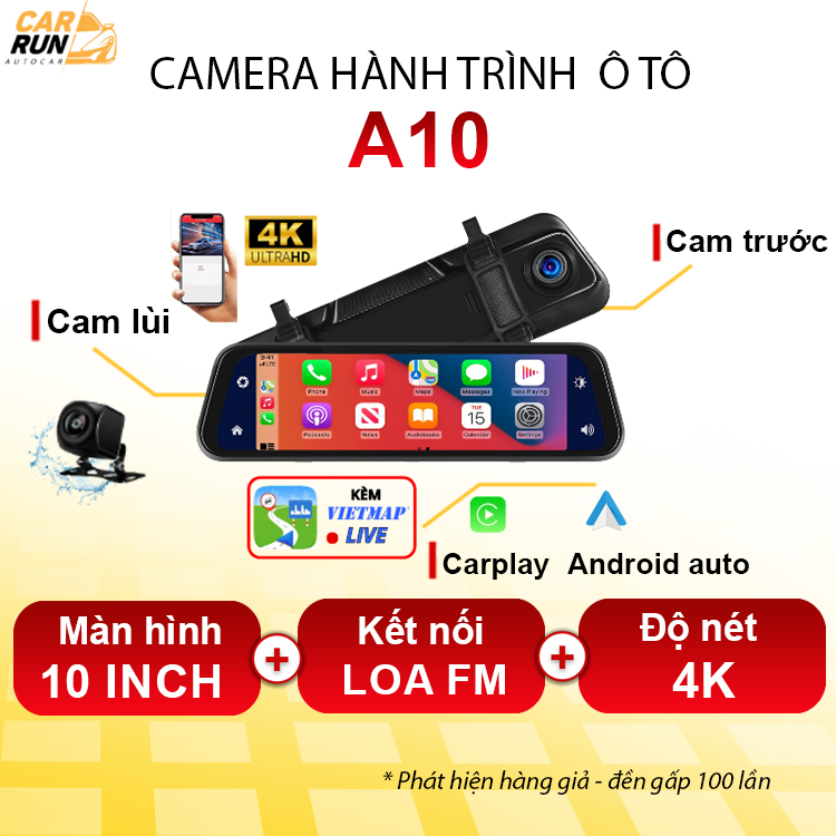  Camera hành trình gương ô tô A10 hỗ trợ Apple CarPlay & Android Auto độ phân giải 4K siêu nét điều khiển giọng nói 