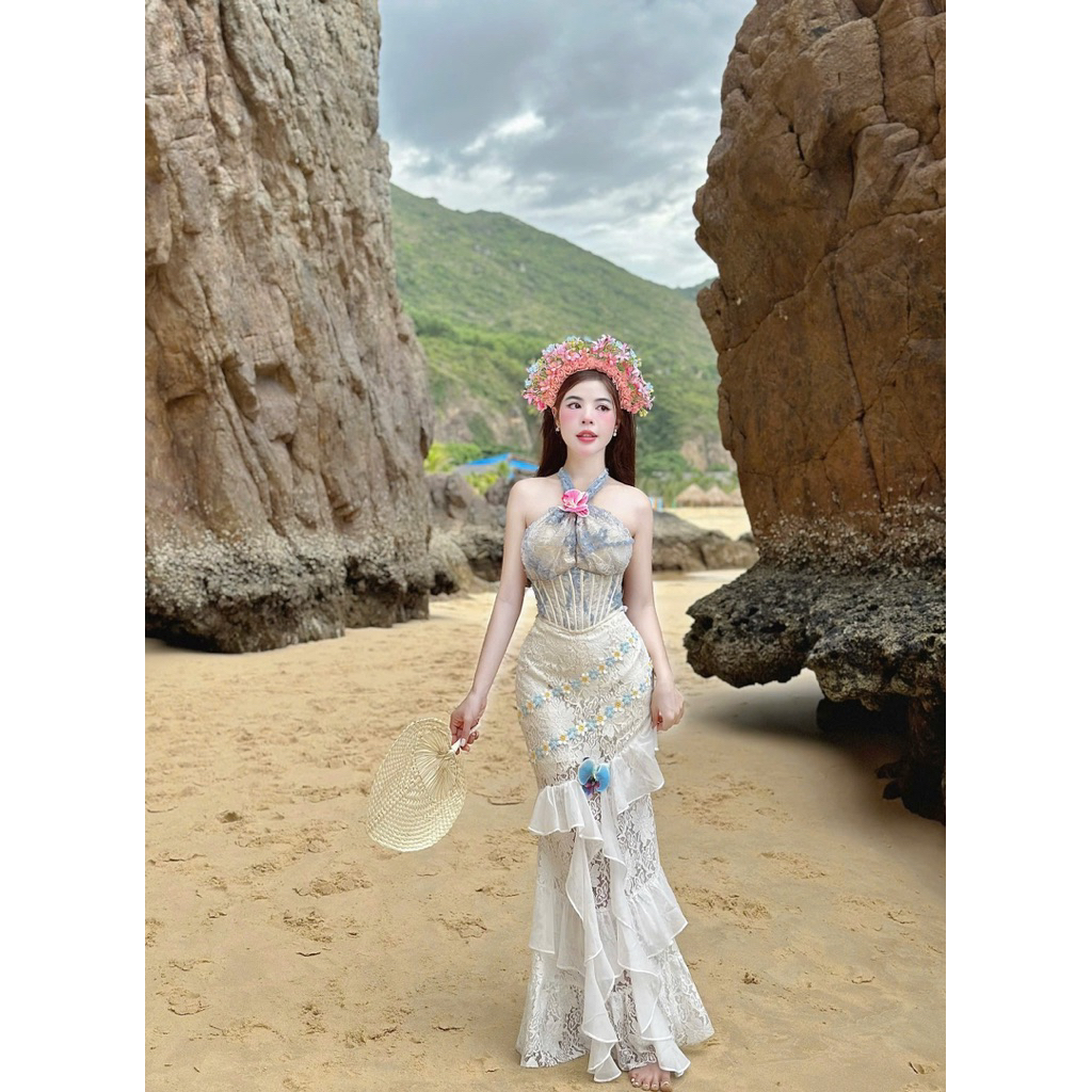 Set áo ren yếm cúp corset tag hoa eo V + cv body ren maxi đuôi cá phối bèo viền hoa