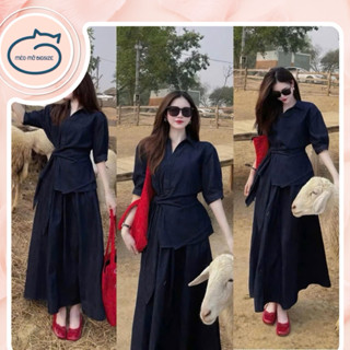 Set bộ thời trang áo sơmi jeans cột nơ vạt chéo kèm chân váy dáng dài Bigsize Mèo Mỡ 60-90kg
