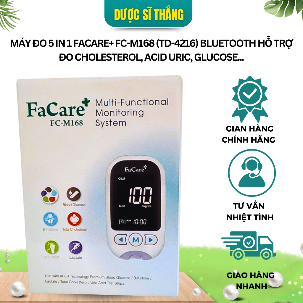 Máy đo 5 in 1 FaCare+ FC-M168 (TD-4216) Bluetooth hỗ trợ đo Cholesterol, Acid Uric, Glucose...
