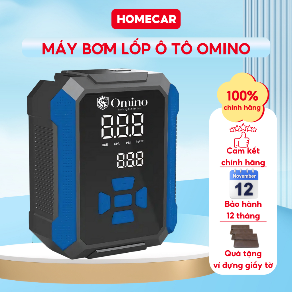Bơm Lốp Ô Tô Omino Thông Minh Điện Tử Cắm Tẩu Sạc Đa Năng Có Màn Hình Lớn