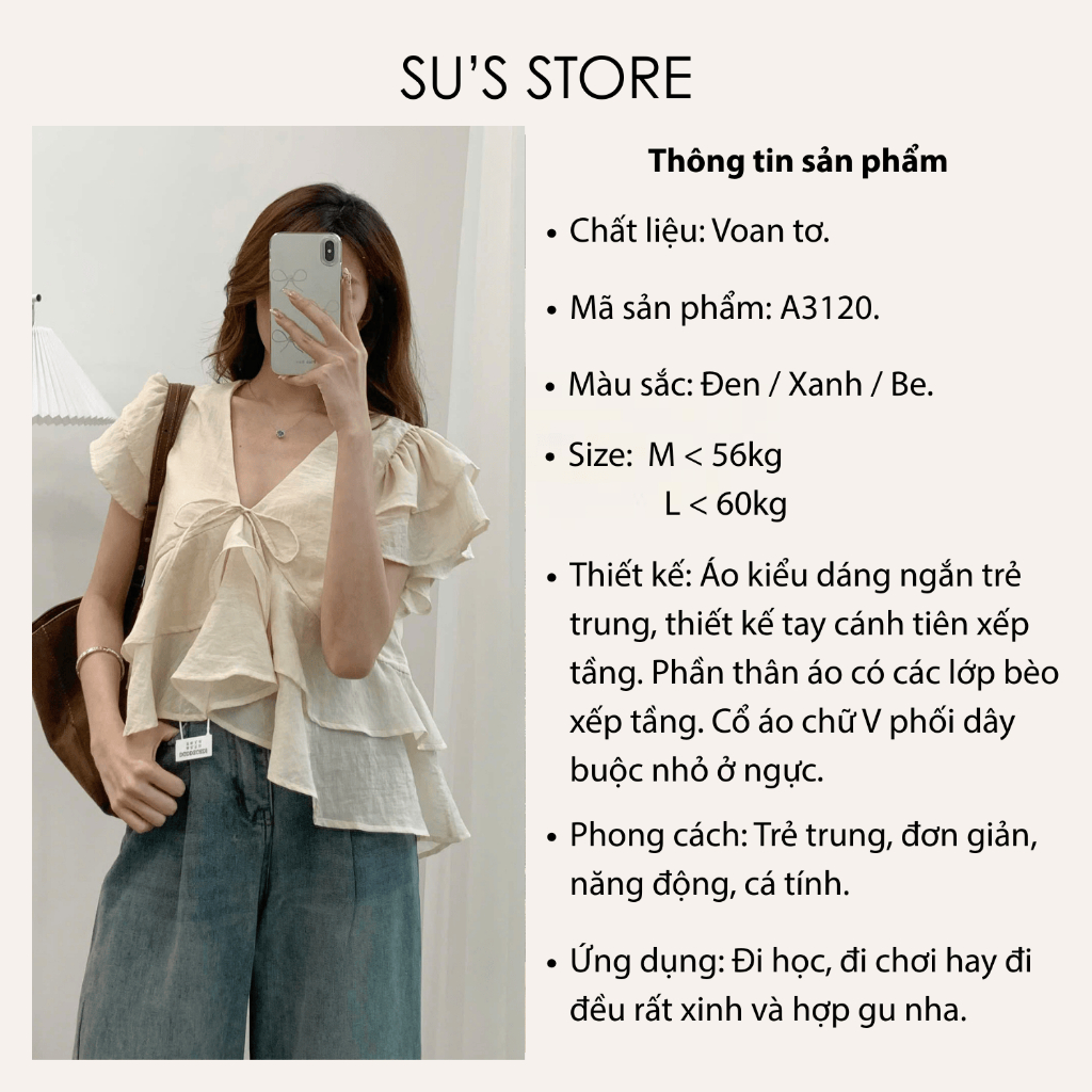 Áo Voan Tơ Cổ V Tay Hến Bèo Tầng A3120 Su Chang Thời Trang Nữ | BigBuy360 - bigbuy360.vn