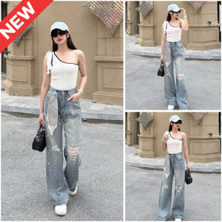  Quần jean ống rộng ELWYN quần jean nữ ống suông rách gối đính ngọc trai màu xanh nhạt size S M L 6346 