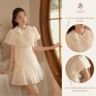 CÉLESTE - Váy Đầm Tiểu Thư Dáng Ngắn Xoè Chất Tơ Mềm Cổ Bèo Tay Bồng Cách Điệu Aline Dress