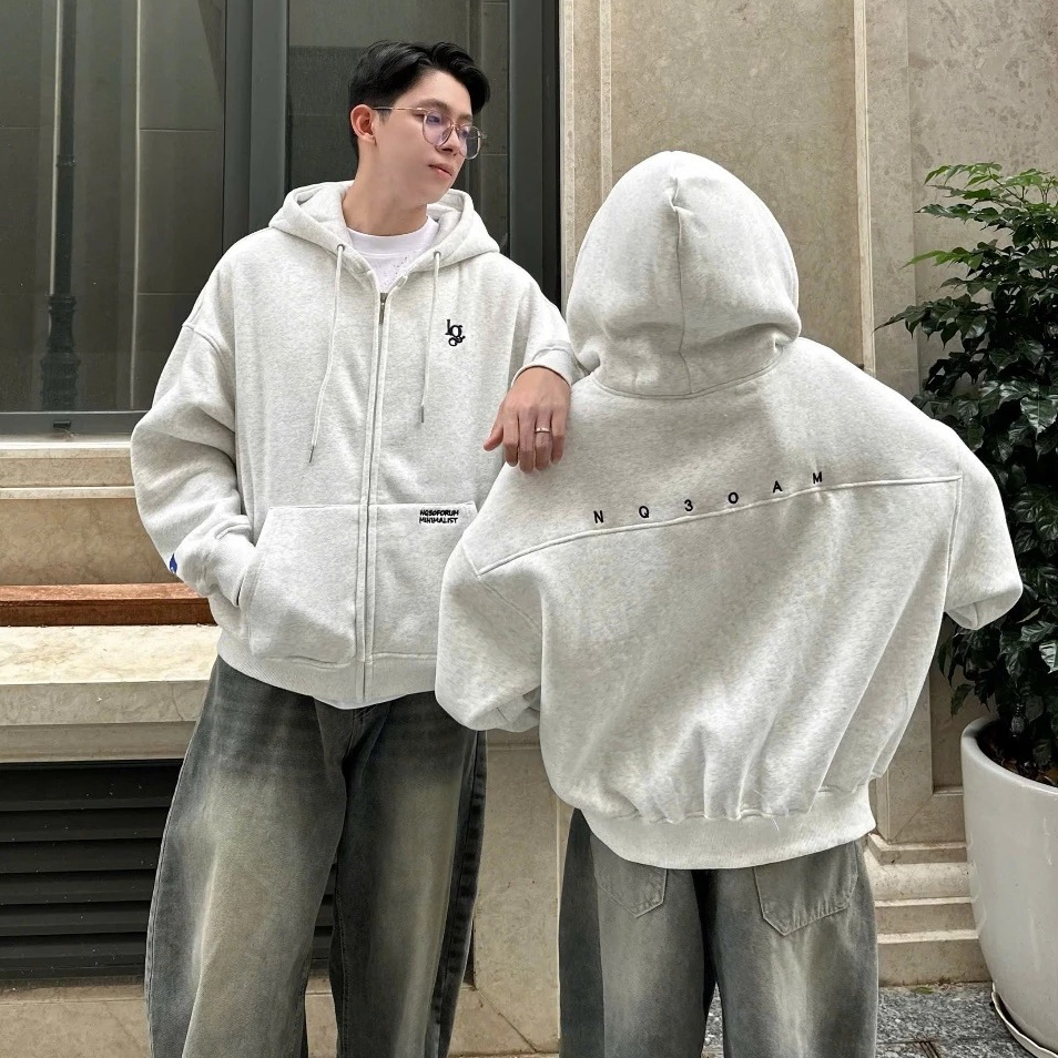 Áo Khoác Hoodie Zip COTTON Thêu Nổi NQ30 AM Form Boxy Form Rộng Nam Nữ Unisex