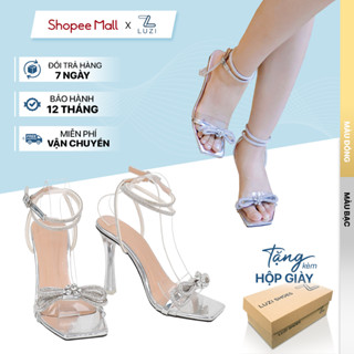 Sandal cao gót nữ LUZI quai ngang nơ đá, giày cao gót chiến binh dây đính đá gót nhọn cao 11p M93