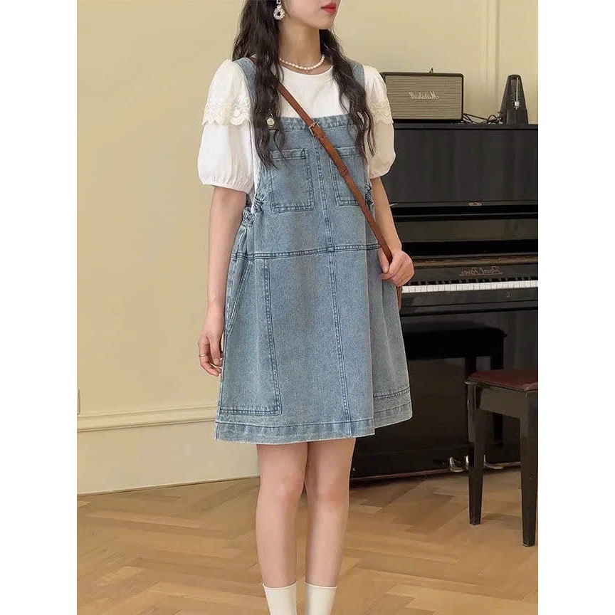 Yếm jean nữ dáng ngắn phối túi lớn trước sau, Yếm Váy Jean phong cách Hàn Quốc KoKo Y4 KOKOSTORE