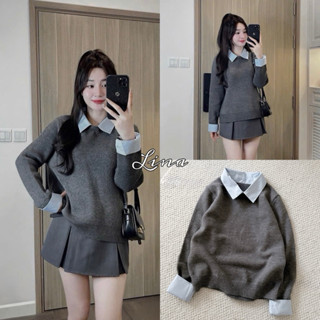 (Hàng QC L1) Áo len nữ lông thỏ màu xám tay dài phối cổ sơ mi xanh form rộng basic phong cách Hàn Quốc A3306