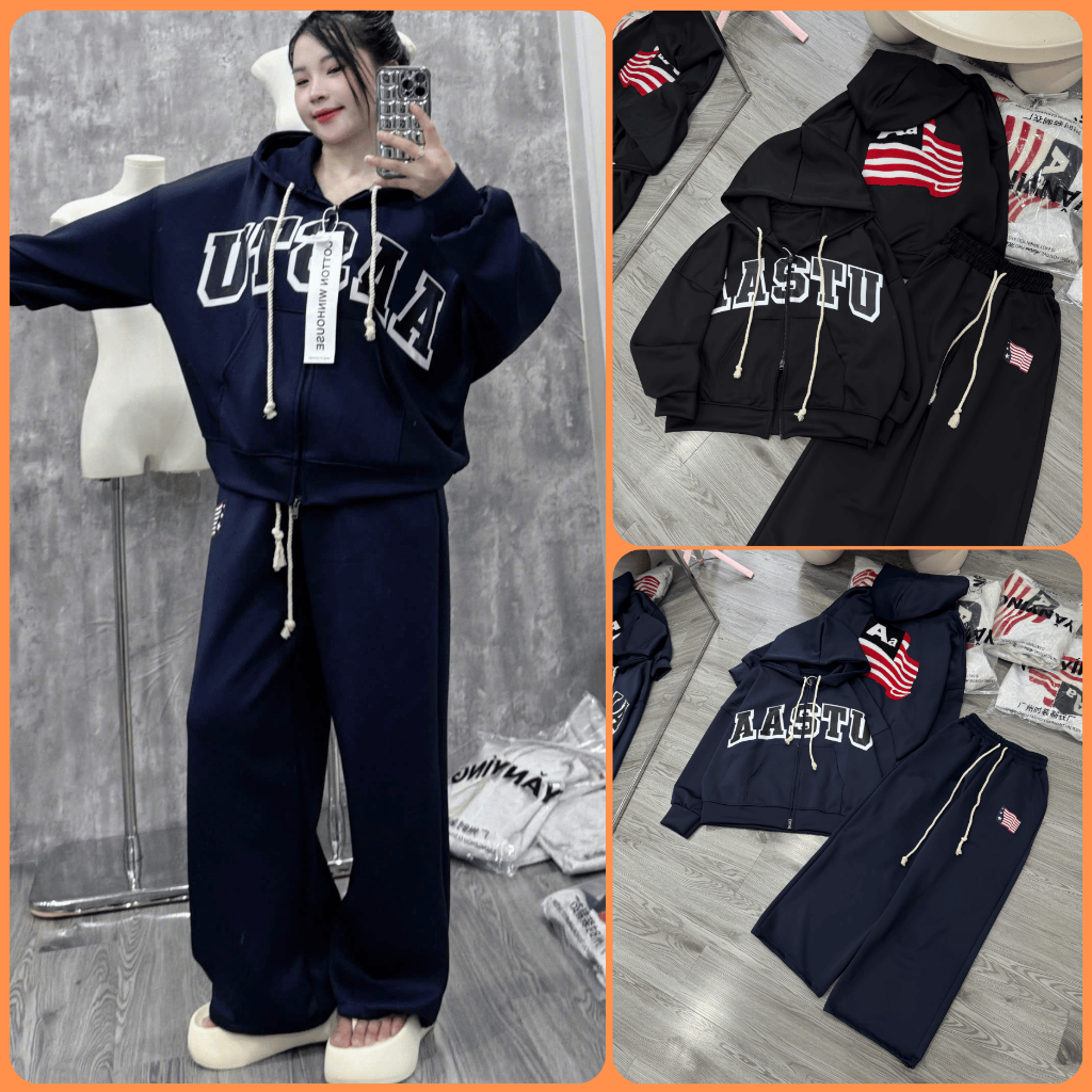Set đồ thể thao unisex in chữ AASTU - Mặt lưng thêu cờ Mỹ – Hoodie nỉ khóa kéo + quần dài in cờ Mỹ