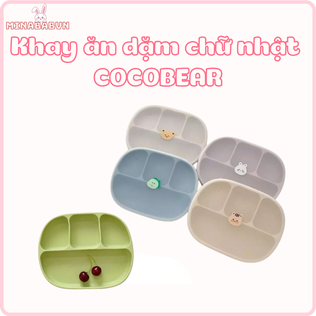 Khay ăn dặm Cocobear Silicon, Khay ăn dặm 4 ngăn hình chữ nhật kèm nắp đậy, đế hít cho bé