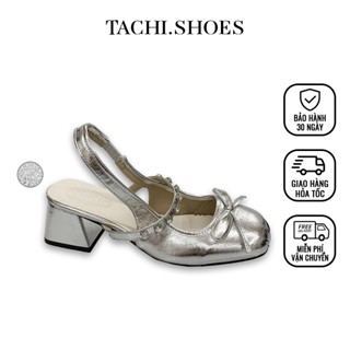  Giày Mary Jane Nữ Cao Gót Mũi Tròn Đính Nơ Bạc Đế Vuông 5cm Hở Gót SLB1 Tachishoes 