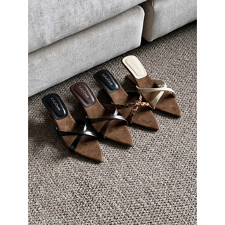 Dép Xuồng Gót 5cm Kiểu Quai Bản Chéo Có đệm Mút Da Mềm Phối đế nâu nỉ Phong cách tây sang chảnh DH - 0025