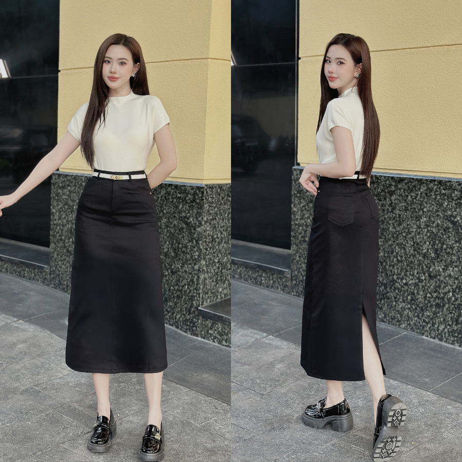 Chân váy kaki dáng dài công sở LACHI chữ A xẻ sau có túi 2 bên cạp cao tôn dáng có bigsize LC-CV104 | BigBuy360 - bigbuy360.vn