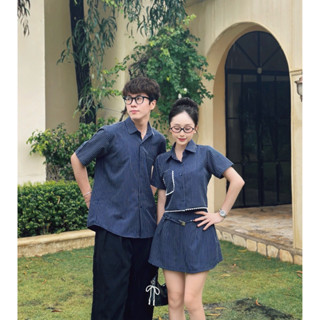 Bigsize nam 110kg nữ 90kg> Set đồ đôi sọc 3 món-Đồ đôi couple sơ mi nam +set nữ chân váy giả quần sọc đen cá tính