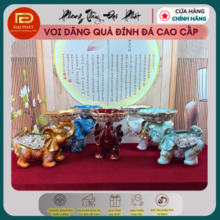 Tượng voi dâng quả đặt ban thờ thần tài, Tượng đĩa voi derco trang trí phòng khách chất liệu poly