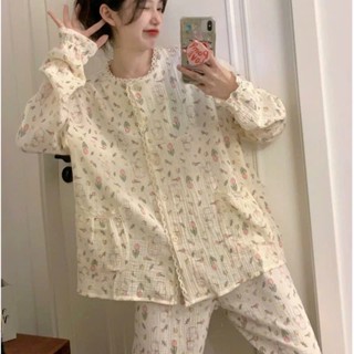 Bộ ngủ nữ dài tay mặc nhà hình thỏ phối ren họa tiết hoa cỏ đáng yêu pijama bigsize thoải mái xinh 068
