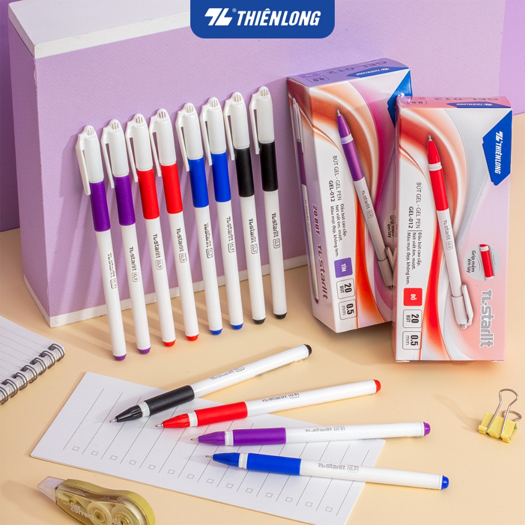 Combo 5/10/20 Bút Gel Thiên Long GEL-012 ngòi 0.5mm mực xanh đỏ đen tím có đệm cầm tay mềm đầu bi cao cấp