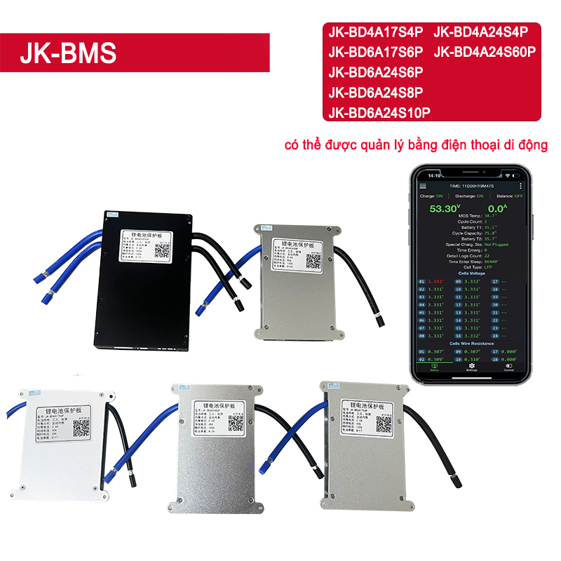 Mạch BMS JK hệ 8-17S, 8-24S cân bằng chủ động, xả đến 100A, có Bluetooth